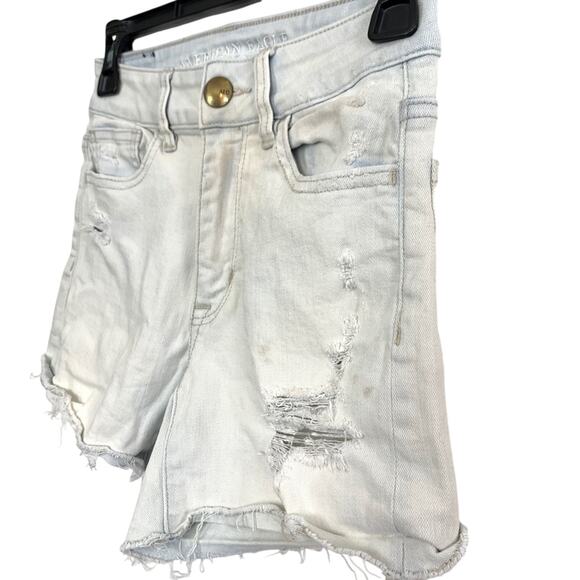 American Eagle Hi Rise Shortie Distressed Light Blue Wash Raw Hem Shorts sz 00 - Picture 10 of 16